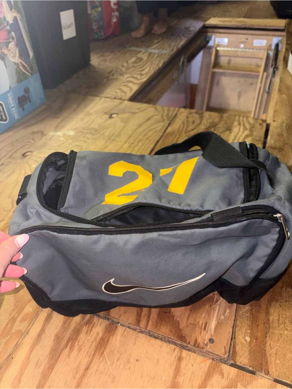 Nike Gray and Black Duffel Bag with Yellow Number (27)